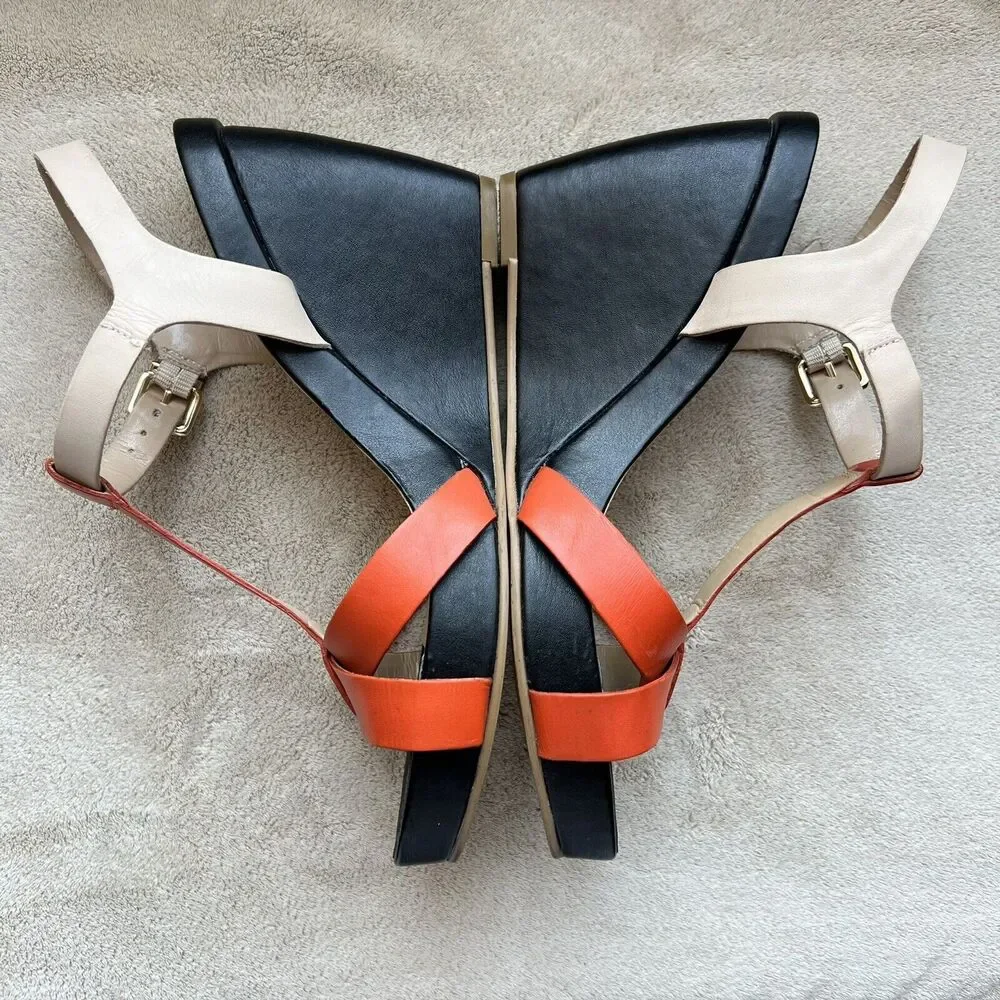 Dune London Gangster Orange Black Tan Leather Wedge Sandal Shoes EU 40 US 10 - Picture 7 of 16